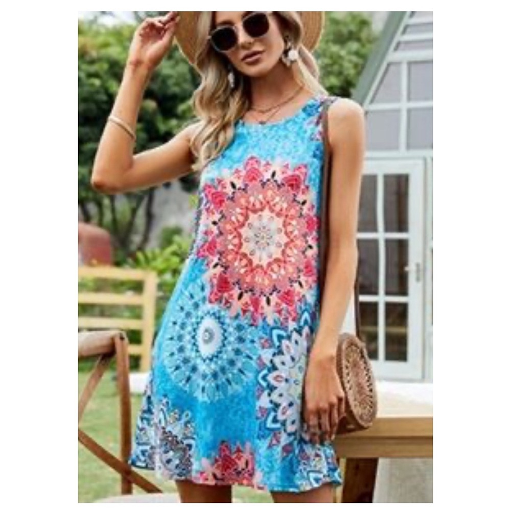 SimpleFun Women's Blue Sleeveless Mandala Print Casual Summer Dress‎